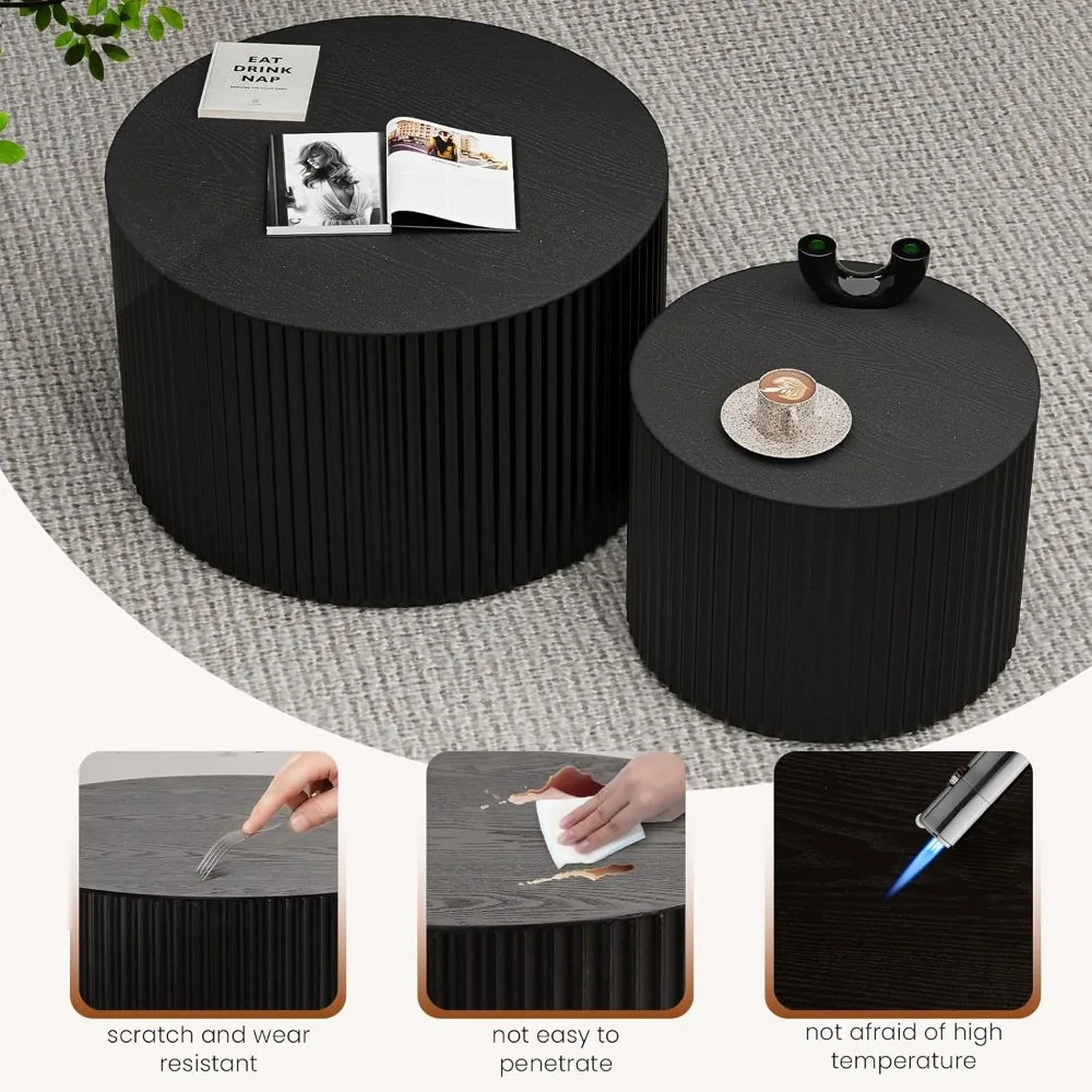 Modern Nesting Coffee Table Set - 2 Piece Circle Wood Table Collection, Handcrafted Drum Style Tables for Living Room