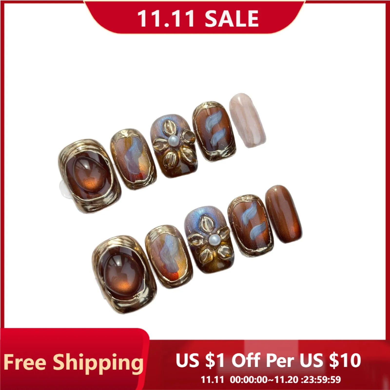 

10pcs Handmade Press on Nails Floral Rose Gold Magic Mirror Flower Fake Nail for Women&Girl Short Detachable Wearable False Nail