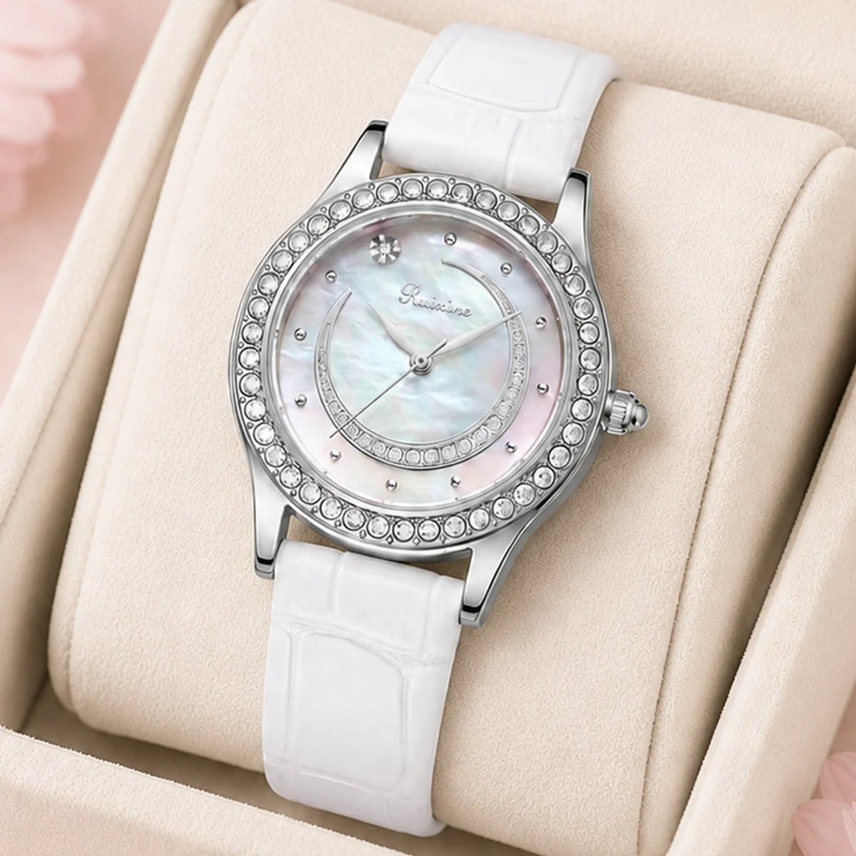 RUIXINE Ladies Watch Fashion Simple Quartz Wristwatch Waterproof Leather Strap Watches For Woman Diamond Bezel Watch