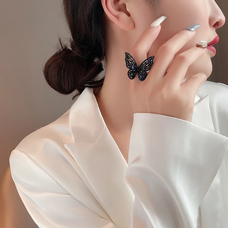 New Sight Luxury Zirconia Black Butterfly Adjustable Rings for Women Gift Elegant Wedding Rings Fashion Brand Jewelry