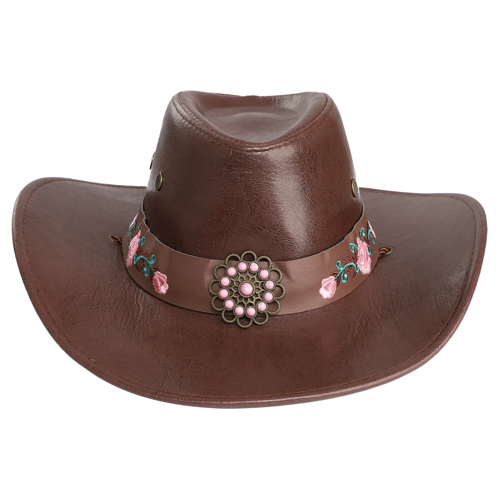 Adult Halloween Theme Party Cowboy Cowgirl Cosplay Performance Costume Prop Embroidery Wide Brim PU Hat Travel Holiday Cap