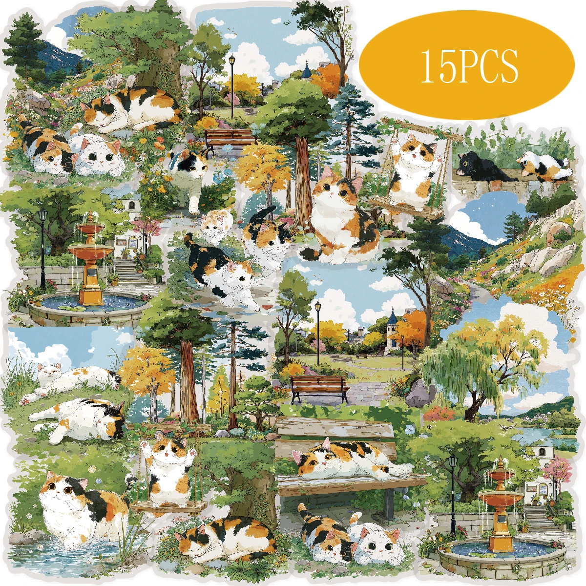 Etori Life Leisurely Life 15Pcs Three-Flowered Cat's Park Stickers - Energetic Forest Series Decorative Material for Notebooks, Laptop Stickers, Suitcases, Scrapbooking Supplies, DIY Crafts, Gift Box Packaging, Party Decorations, Children's Stickers, Student Stationery Stickers, Back-To-School Season