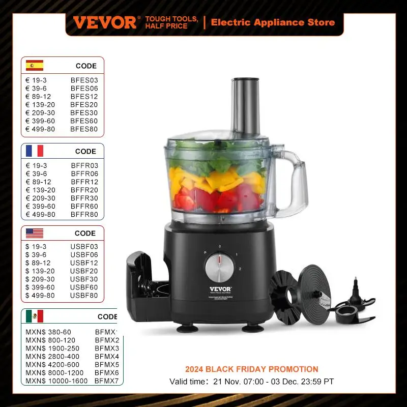 

VEVOR Food Processor 9-Cup Vegetable Chopper for Chopping Slicing Shredding Puree and Kneading 600W Stainless Steel Blade Black