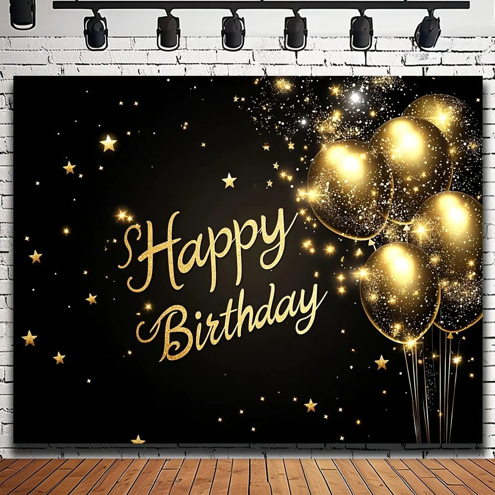 1 Stück supergroßer „Happy Birthday“-Hintergrund in Schwarz und Gold, Partybanner aus Polyesterfaser mit funkelnden Sternen und Luftballons