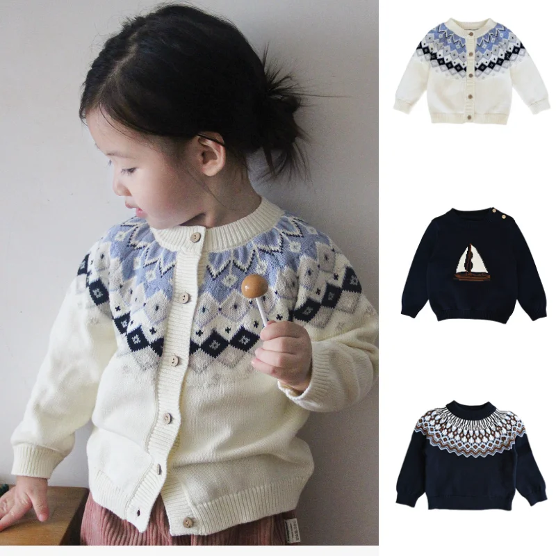 

Girls' Sweater 2025 Winter New Arrival Jacquard Fashion White Children's Knit Cardigan Pure Cotton Warm Cute Crew Neck Sweater