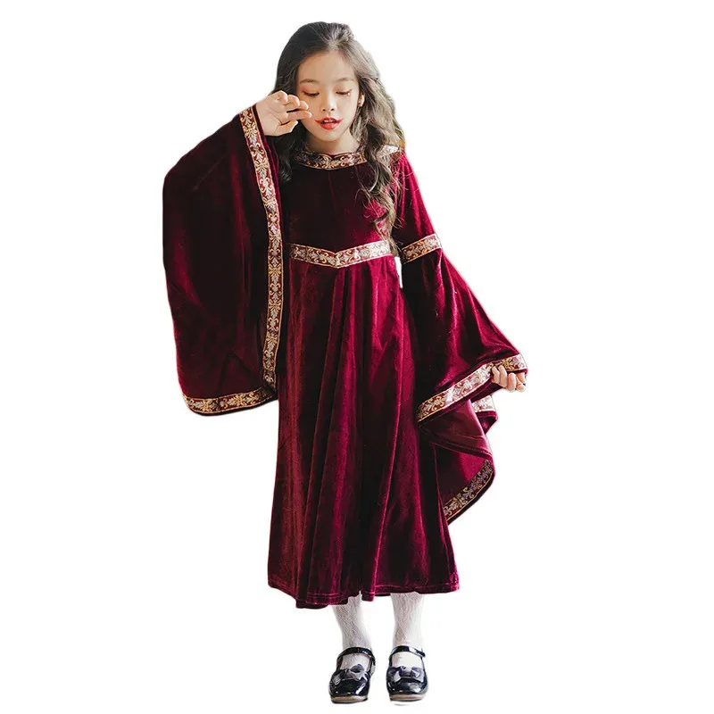 

Retro Court Girl Dress Witch Little Red Hat Cosplay Costume Adult Children Long Sleeved Medieval Renaissance Dresses