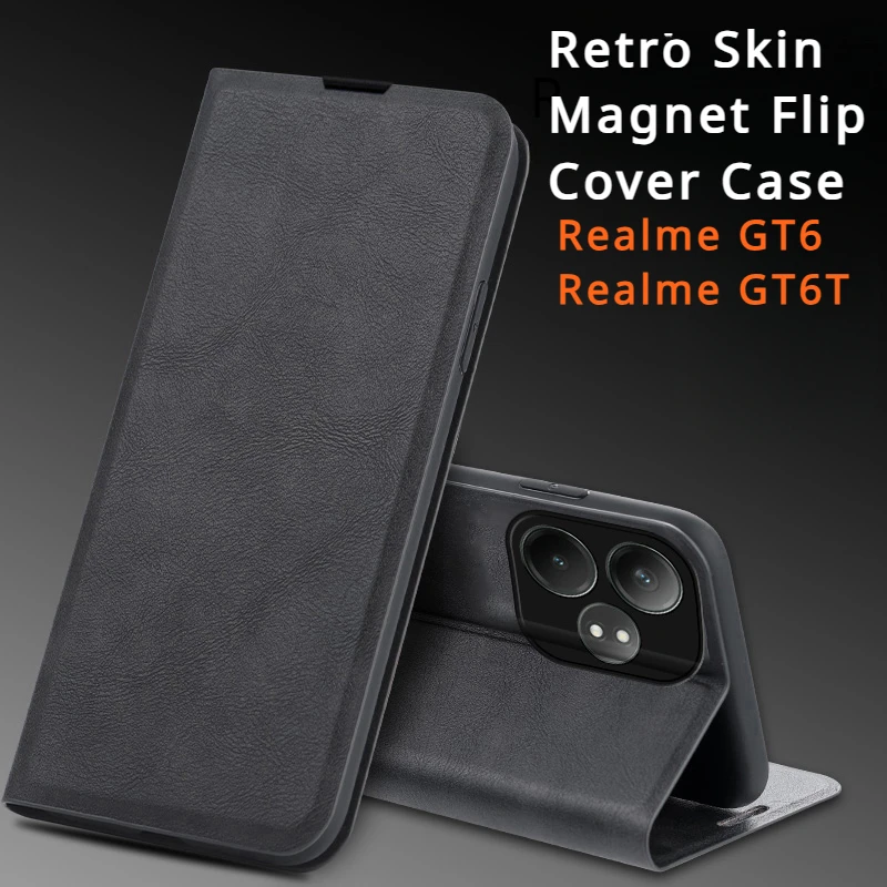 Realme GT 6 GT6 6T Leather Case Retro Skin Book Flip Magnetic AUTO Closed Full 360 Cover For Realme Realme GT6T GT 6 Phone Bags