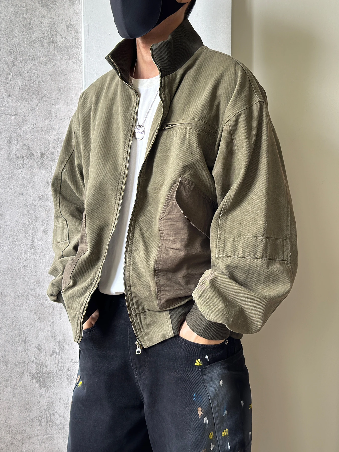 

American Casual Contrast Color Stand Collar Work Jaet Men's ort Boxy Flight Outerwear Pure Cotton Vintage Sle Jaet
