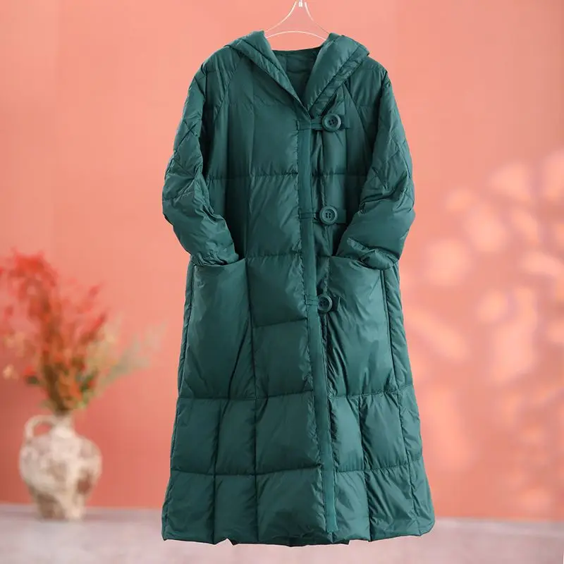 Winter European Women's Down Jacket Retro Hooded Loose White Duck Down Jacket