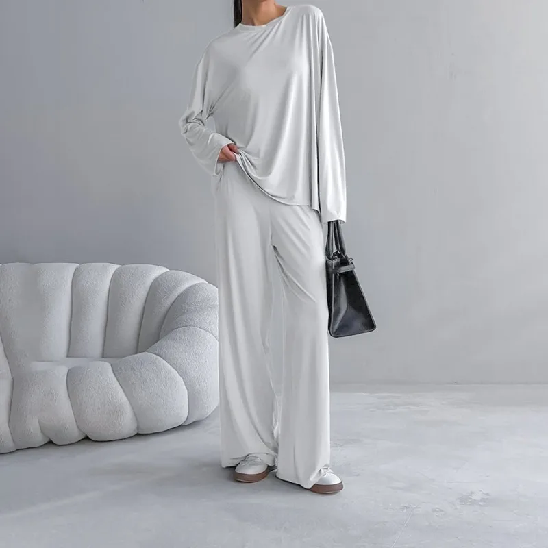 European  American Spring Round Neck Elastic Knitted Long-sleeved Trousers Pajamas Two-piece Set Loose Casual Women's Loungewear