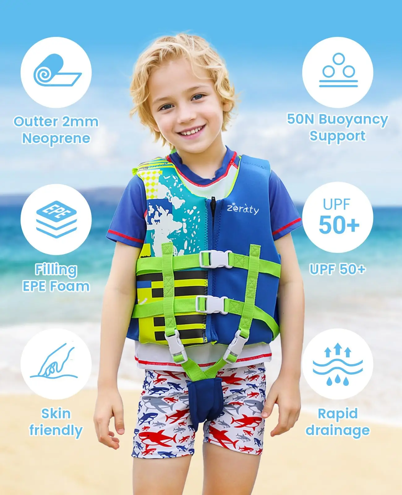 Zeraty Toddler Swim Vest Neoprene Kids Float Jacket Swimming Aid for Children with Adjustable Safety Strap Age 1-9 Years