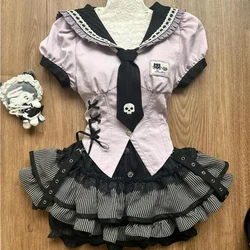 Sweet Gothic Y2k Lolita Uniform 2 Piece Set Japanese Preppy Style Sailor Collar Blouse Women Kawaii Stripe Cake Mini Skirts Suit