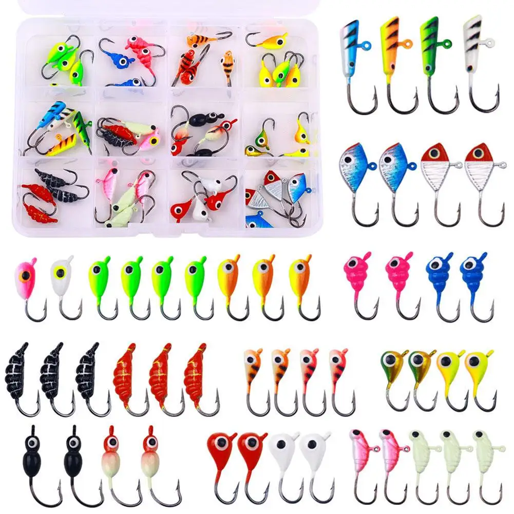 

Ice Fishing Jigs Kit Luminous Ice Fishing Lures Glow Ice Fishing Gear Crappie Jig Micro Small Ice Jig Head Hooks Set 48pcs