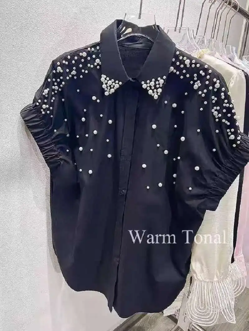 

New In 2025 Spring Summer Embroidered Flares Cotton Shirts Blouses Women Beaded Loose Casual Button Up Short Sleeve Top Blusas