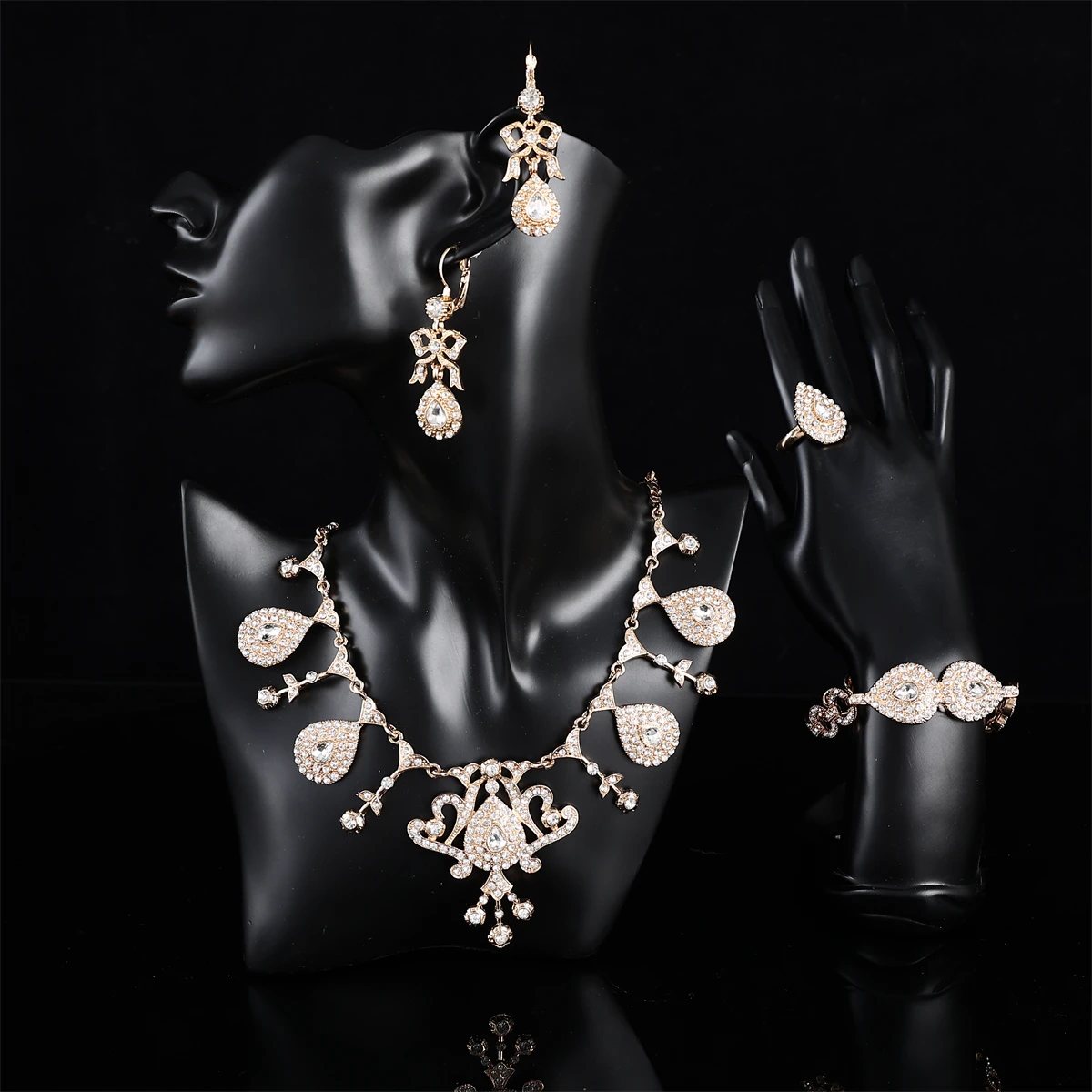 Turkish Style Women's Jewelry Set Necklace Bracelet Earrings Ring Four-Piece Bride Wedding Jewelry Set Court Carving