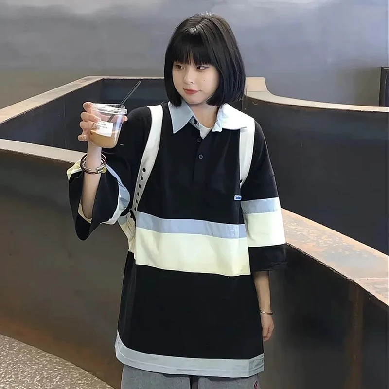 2024 Summer Women Short Sleeve Polo T Shirts Japan Preppy Style Spliced Hit Color Cute Sweet All-match Oversized Clothing Black