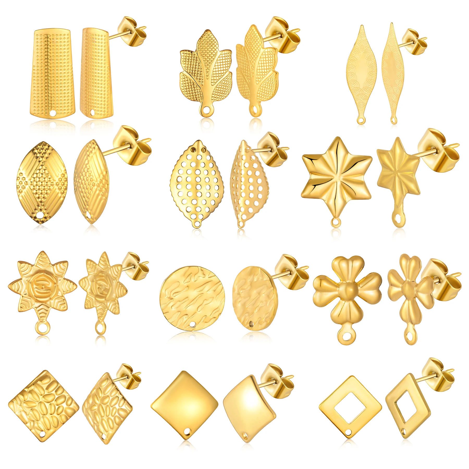 6pcs Leaves/Flower/Geometric Stainless Steel Earring Base Earrings Stud with Hole Connectors for DIY Jewelry Making Accessories
