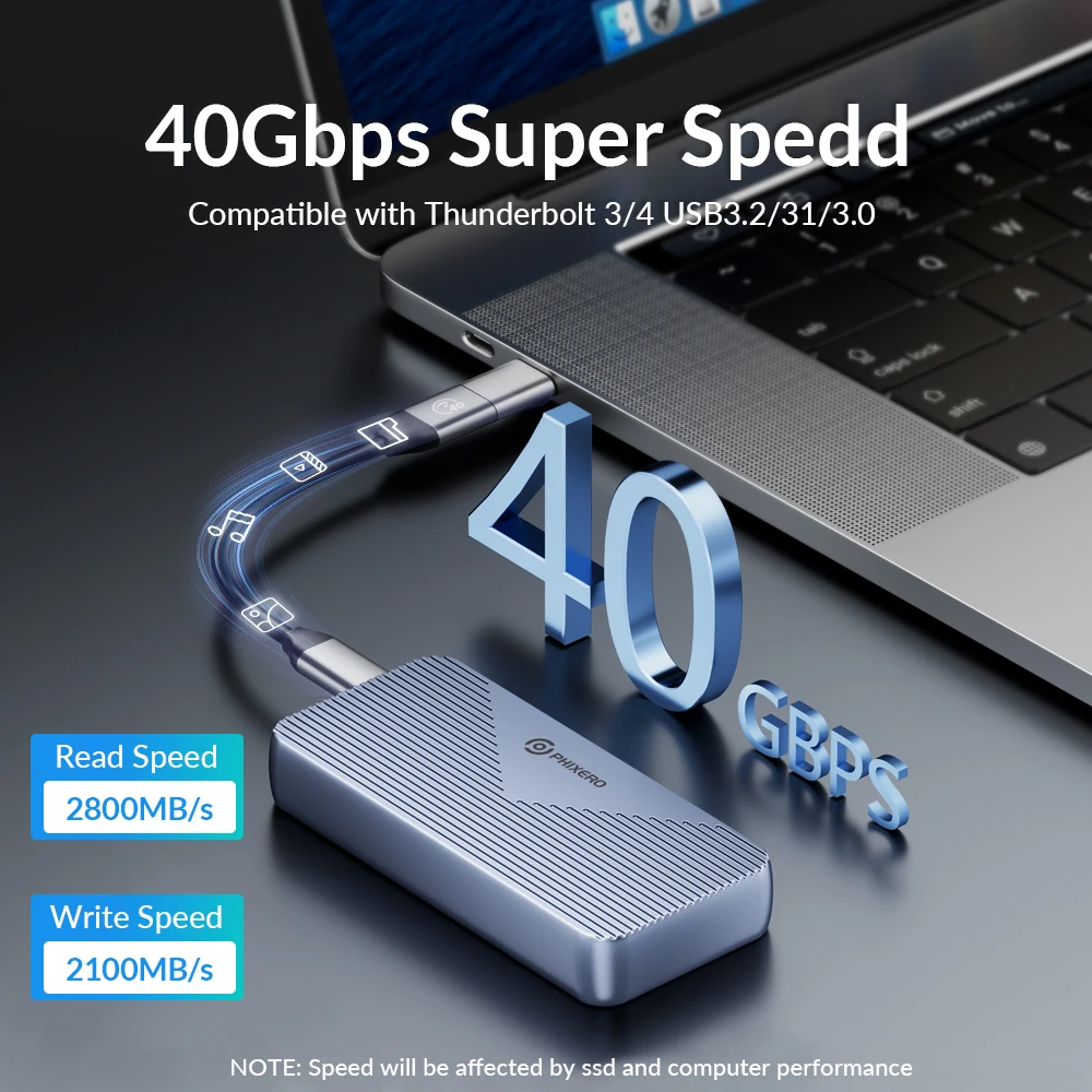 【-$20】PHIXERO 40Gbps Thunderbolt 4/3 USB4 SSD-behuizing Lightening-Fast M.2 NVMe-behuizing compatibel met USB 3.2/3.1/3.0 PCIE4.0 voor Mac