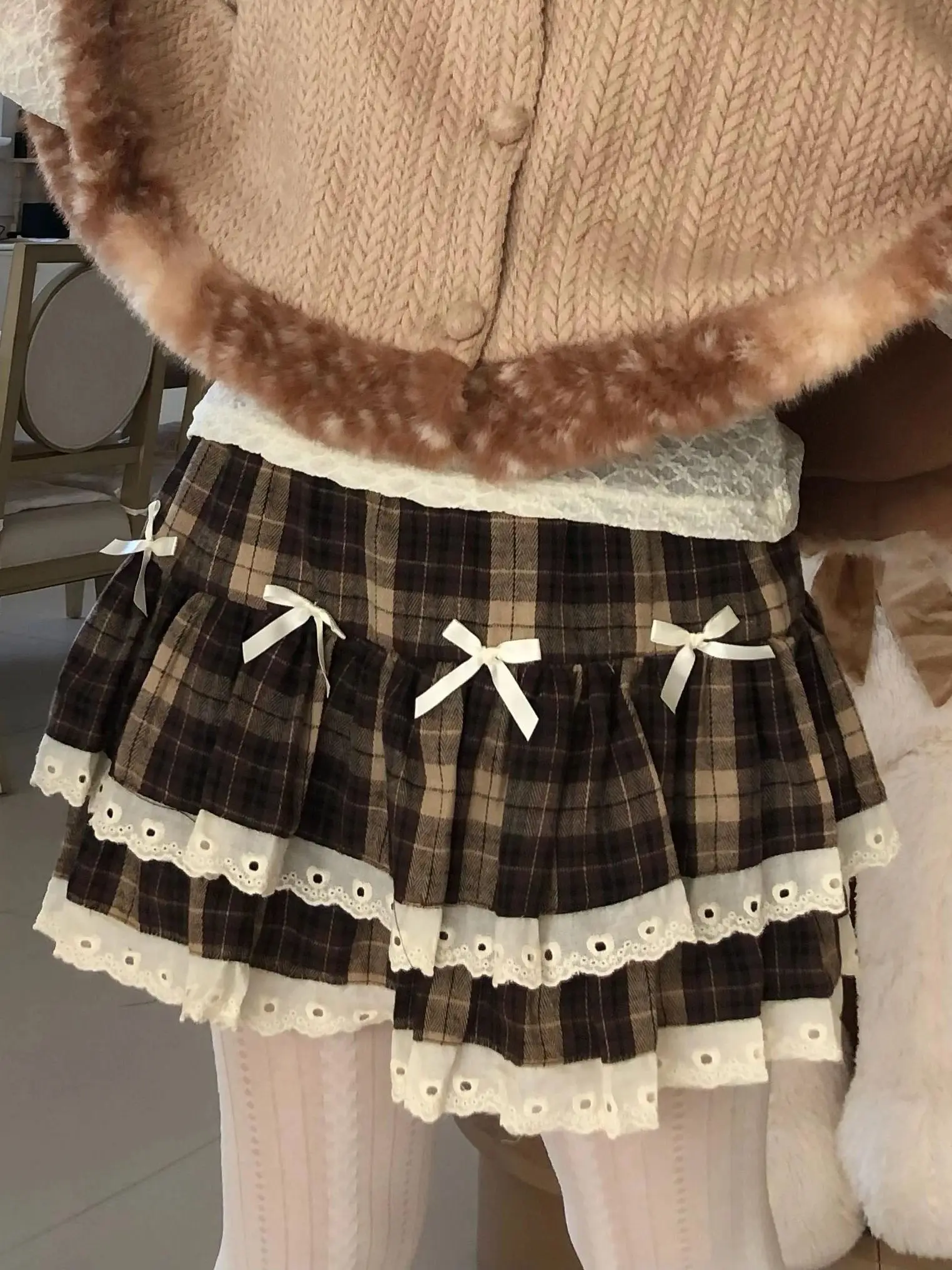 Sweet Retro Plaid Japanese Subculture Y2K Preppy Millard Everyday Versatile Bow Lace Women's Mini Fluffy Cake Tiered Skirt