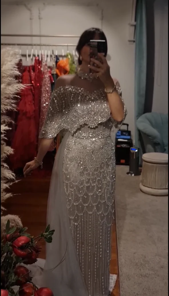 FATAPAESE Customized Speicial Dress Tassels-Beadedings Glitter Crystals Gems Cape-neckline Detachable Cloak Sheath Sequins Skirt image 4