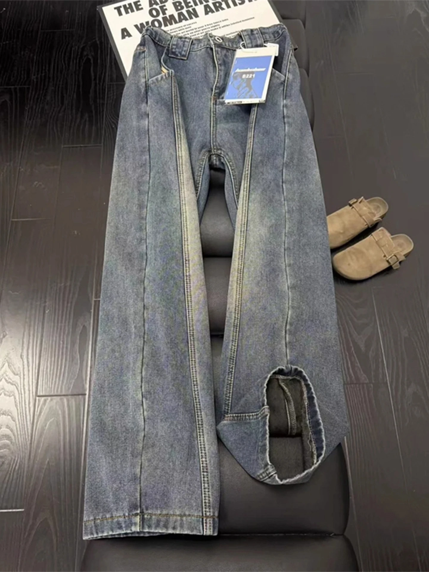

Retro Blue American Sle Slanted Cut Thiened Fce Denim Jeans Men's Autumn Winter High Street Straight Leg Micro Flare P...