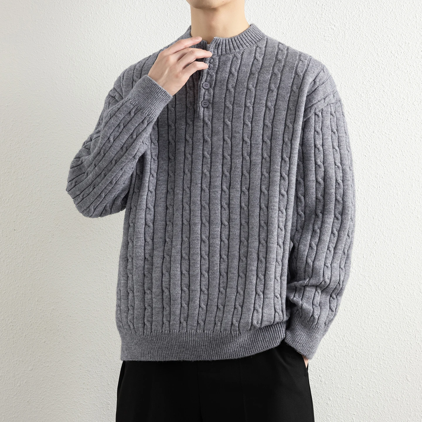 

Мужской вязаный утепленный зимний свитер с узором «косы», в стиле ретро, американский повседневный стиль, теплый базовый слой, премиум-качество