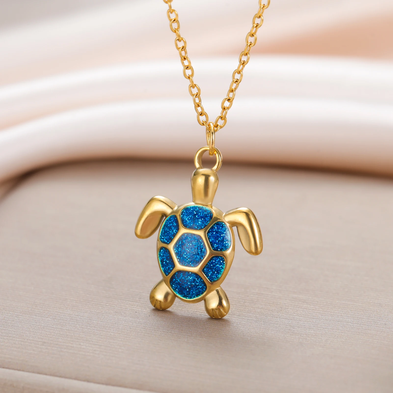 Skyrim Blue Turtle Pendant Necklaces Women Stainless Steel Gold Color Tortoise Sea Animal Jewelry Birthday Gifts Wholesale