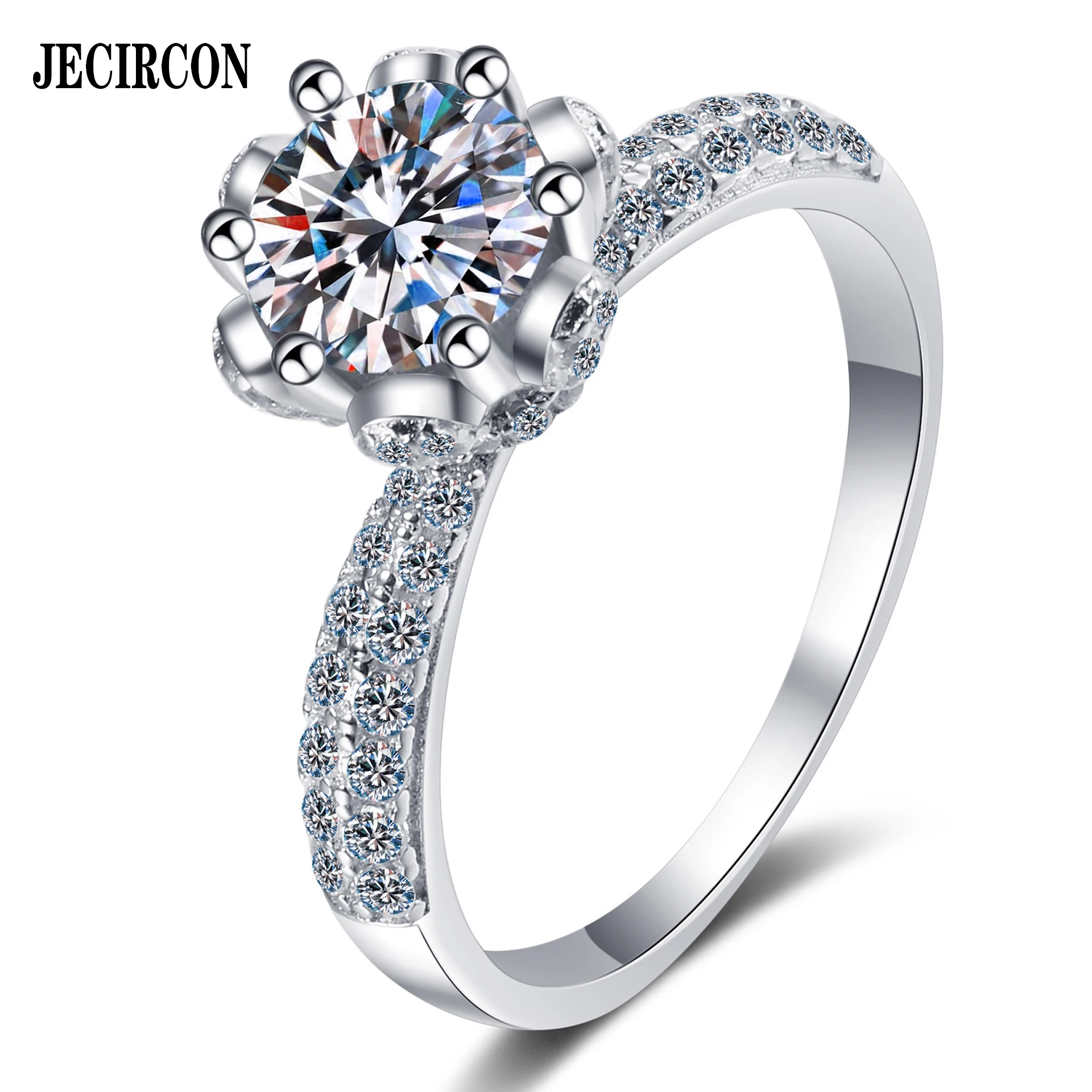 

JECIRCON 925 Sterling Silver Ring for Women Ice Queen Moissanite Diamond Wedding Band Petals 6 Claws Popular Finger Fine Jewelry