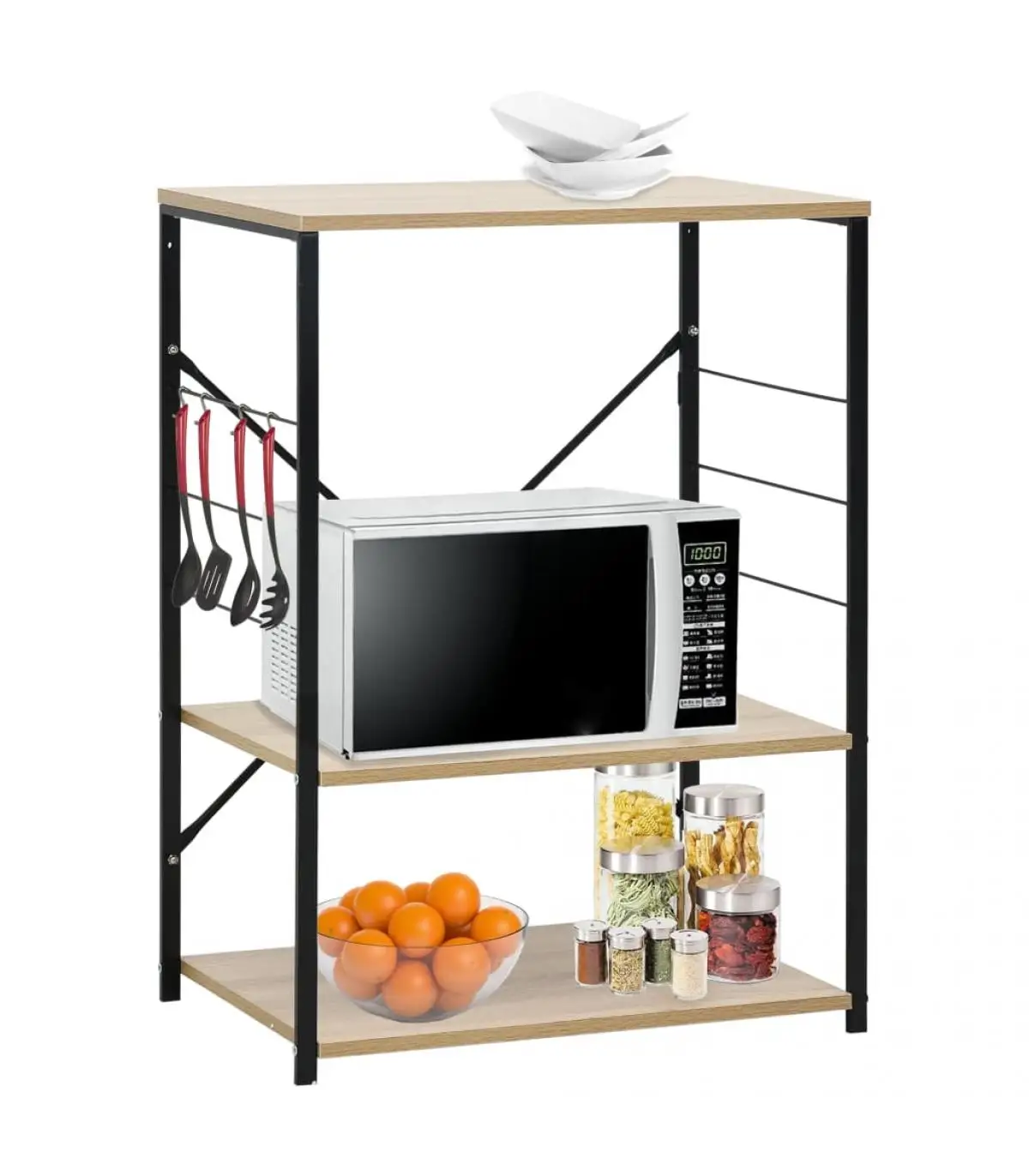 Kitchen utensils containers microwave cabinet black and oak chipboard 60x39,6x79,5 cm