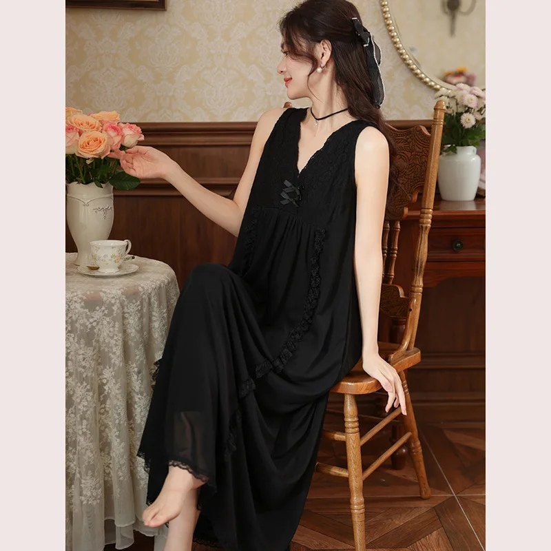 

Женская ночная сорочка без рукавов с вышивкой, французское длинное кружевное платье-принцесса из сетки, свободное, больших размеров, подходит как верхняя одежда, для дома