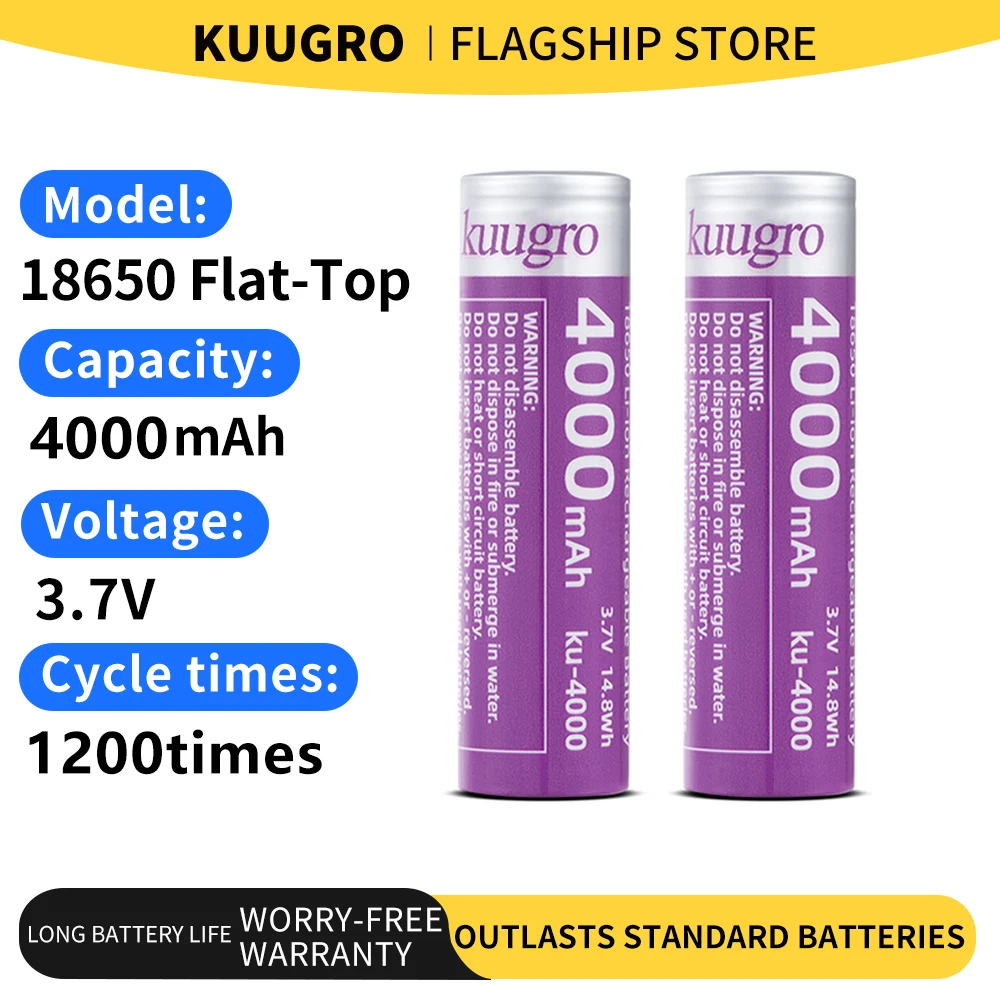 Image of Kuugro Ku-4000 Hochleistungs-18650-Akku 4000mAh 3,7V 12A Entladbar Wiederaufladbare Batterien für Taschenlampen