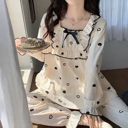 Heart Sleepwear Women Pajama Sets Ruffles Pants 2 Pieces Square Collar Piiama Korean Full Sleeve Spring Night Wears Home Suit