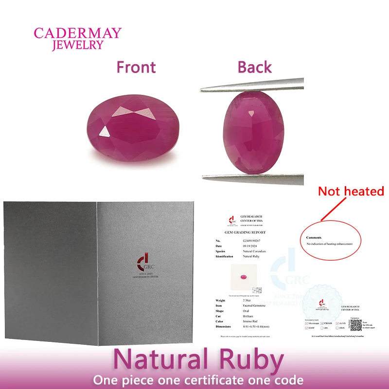 Cadermay GRC Certificate Not Heated Natural Ruby 2.38ct Oval Cut Red Natural Ruby Gemstones For Jewelry Making