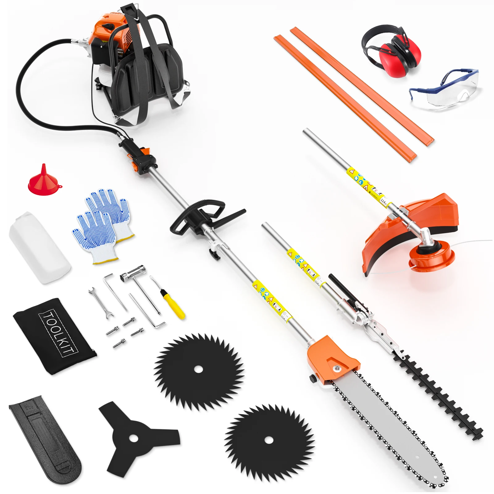 

6 IN 1 Multi Functional Gas Powered Weed Wacker 52CC 2-Stroke Weed Eater String Trimmer Brush Cutter Pole Saw Hedge Trimmer Equipped with Safety Lock & Adjustable Shoulder Strap for Home Yard Lawn Trimming, Orange