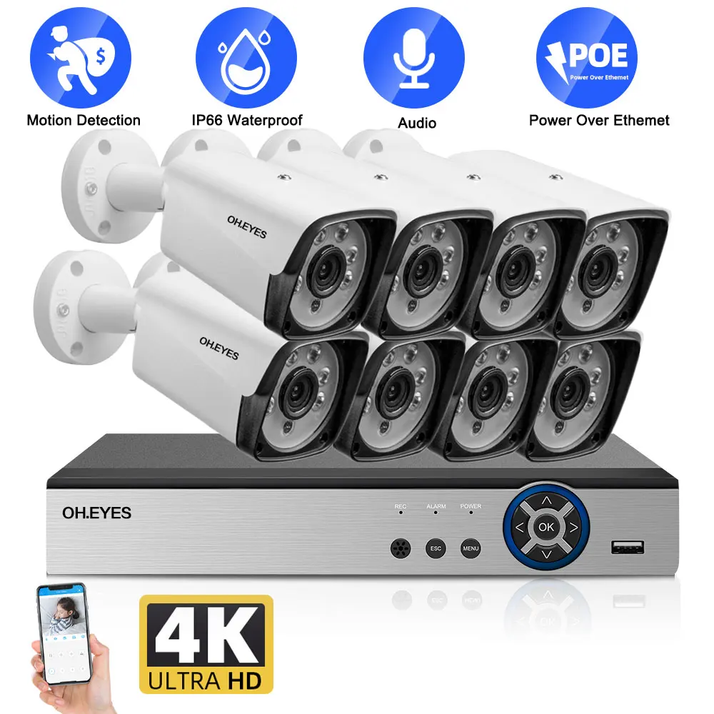 

4K 10CH NVR Video Surveillance Kit Outside Waterproof 8MP POE IP Bullet Camera Set XMEYE CCTV Camera Security System Kit 8CH