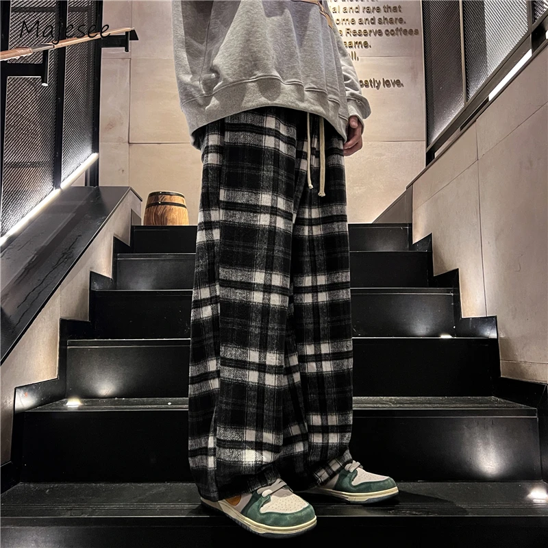 

Casual Pants Men Straight Loose Daily Spring Autumn All-match Vintage Plaid Striped American Style Teenagers Fashion Unisex Soft