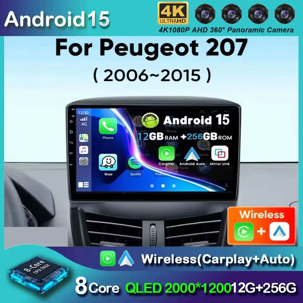 Android 15 For Peugeot 207 CC 207CC 2006 - 2015 Car Radio Wireless Carplay Auto Stereo Multimedia Player GPS WiFi 4G 2 Din