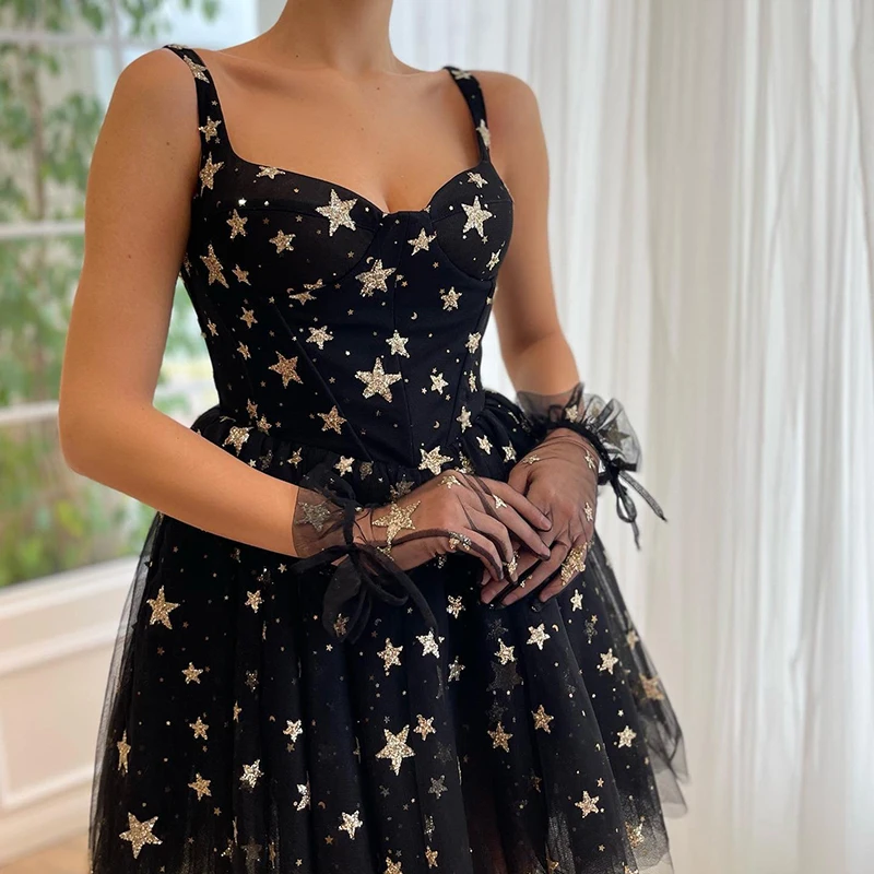 Thinyfull 2023 Sexy Prom Kleider Mini Schwarz Stern Tüll Abendkleid Party Kleid A-Line Promi Cocktail Nacht Kleider Plus Größe