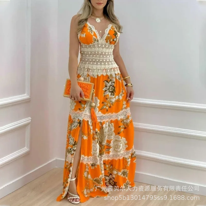 

Vacation Dresses for Women 2024 Summer Floral Print Sleeveless Contrast Lace High Waist Split Hem A Line Maxi Women's Dress