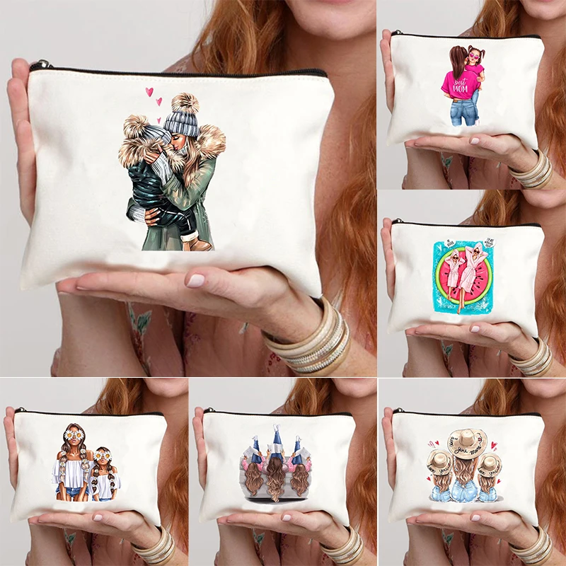 

Warm Family Mother and Child Canvas Zipper Cosmetics Bag Organizer Case Women's Toiletry Bag Gift for Mom Professional Nail Case