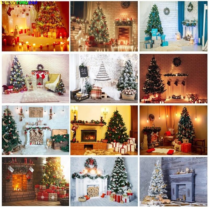 

Vinyl Custom Christmas Day Photography Backdrops Prop Christmas Tree Fireplace Photographic Background Cloth CHM-002
