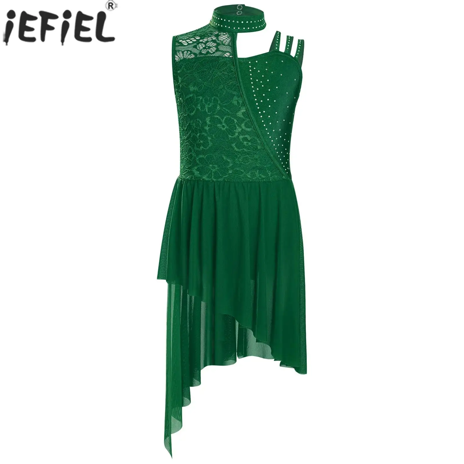 Vestido de baile lírico con diamantes de imitación y encaje Floral sin mangas para niñas, leotardo, patinaje artístico, gimnasia, acrobacias, traje de Ballet