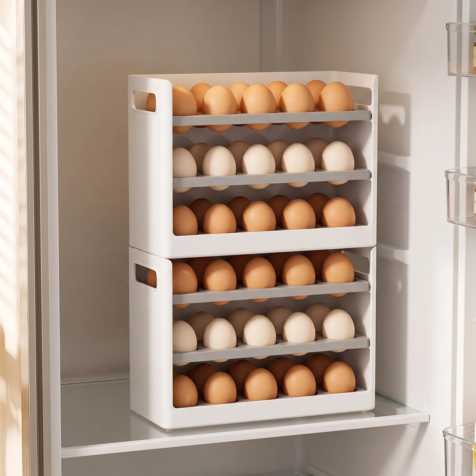 Egg Storage Box with Handle Space-Saving Refrigerator Egg Holder Organizer Multi-Layer Container Compact for Fridge Door