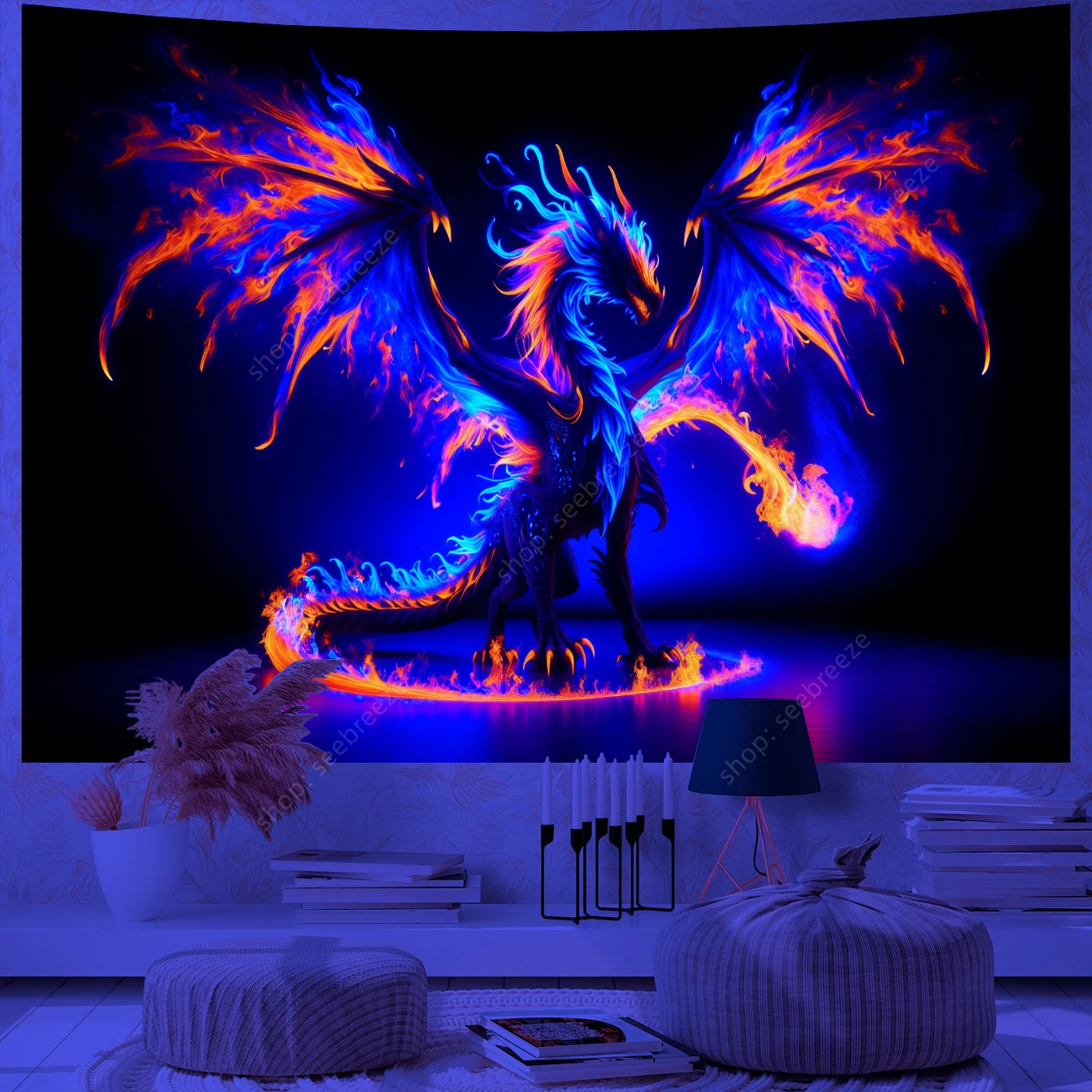 Flaming Charizard UV Reactive Tapestry for Witchcraft Hippie Wall Hanging Bohemian Mandala Art Aesthetic Room Wall Decor Curtain