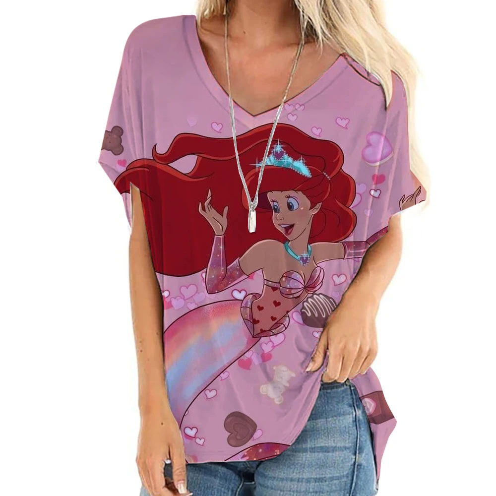 تي شيرت نسائي أنماط أميرات ديزني ملابس علوية على شكل حرف V ملابس نسائية عتيقة جماليات تي شيرت فضفاض كبير الحجم مضحك T Sh