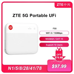 2023 New Original ZTE UFi F50 5G Pocket MiFi 5G Sub-6 SA/NSA N1/5/8/28/41/78 4G Cat15 2.4G/5G Wifi(No battery）