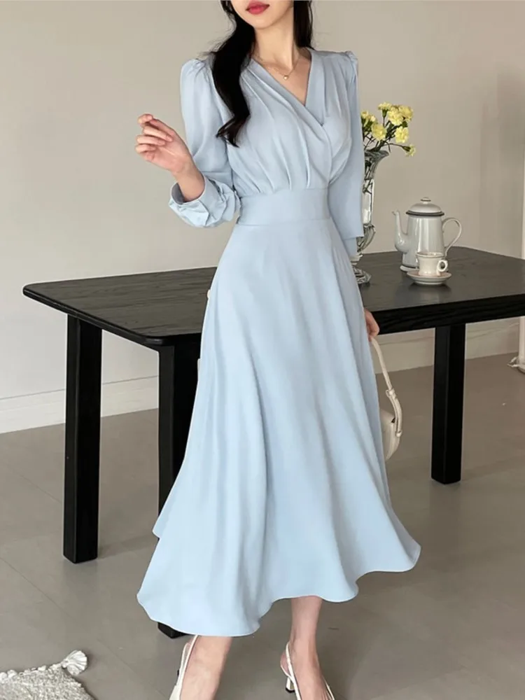 

Women Korean Fashion Solid Long Sleeve A-line Casual Dress Elegant Office Lady Midi Dresses Early Autumn Famale Clothing New
