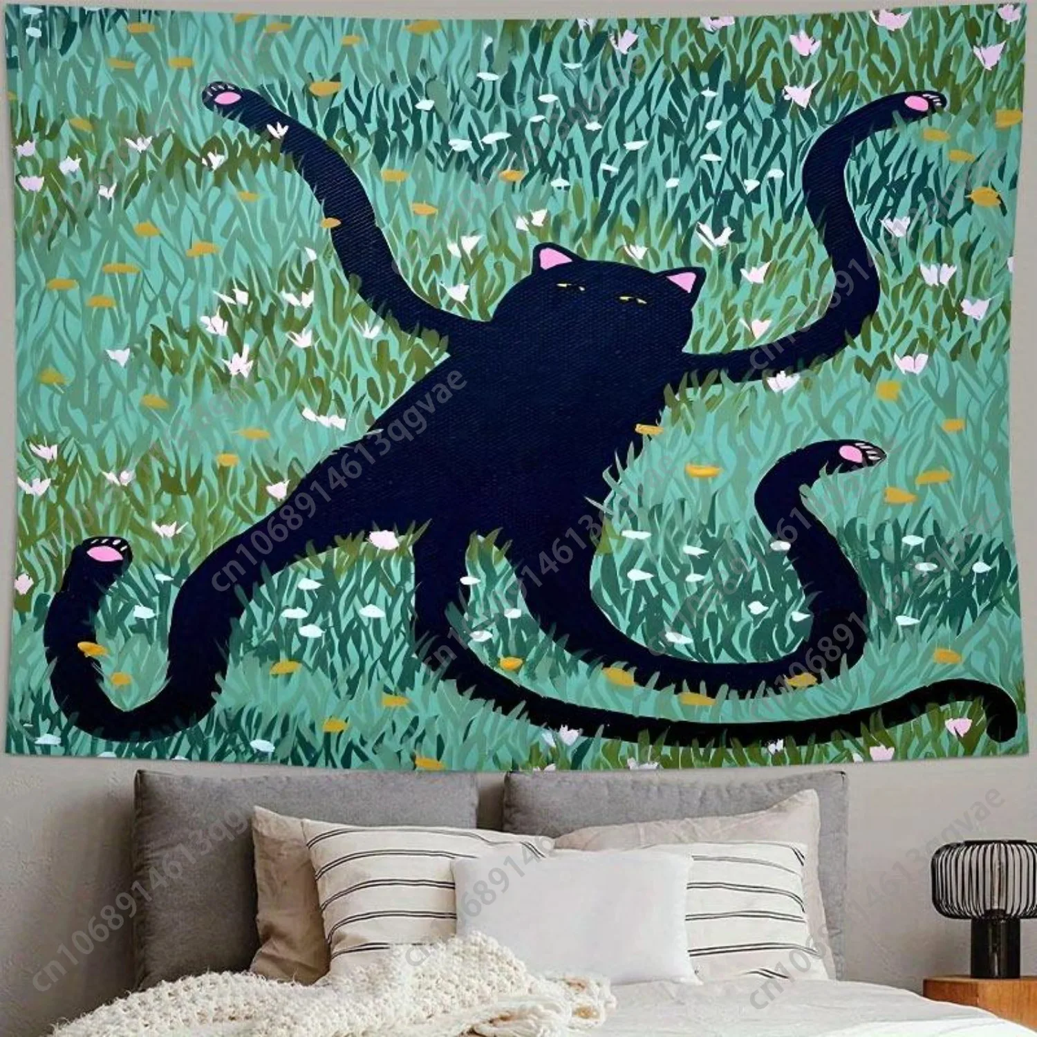 لطيف أنيمي القط الأسود نسيج ديكور الغرفة الجدار الشنق البوليستر السحرية الأخضر العشب نسيج لغرفة المعيشة الديكور المخصص
