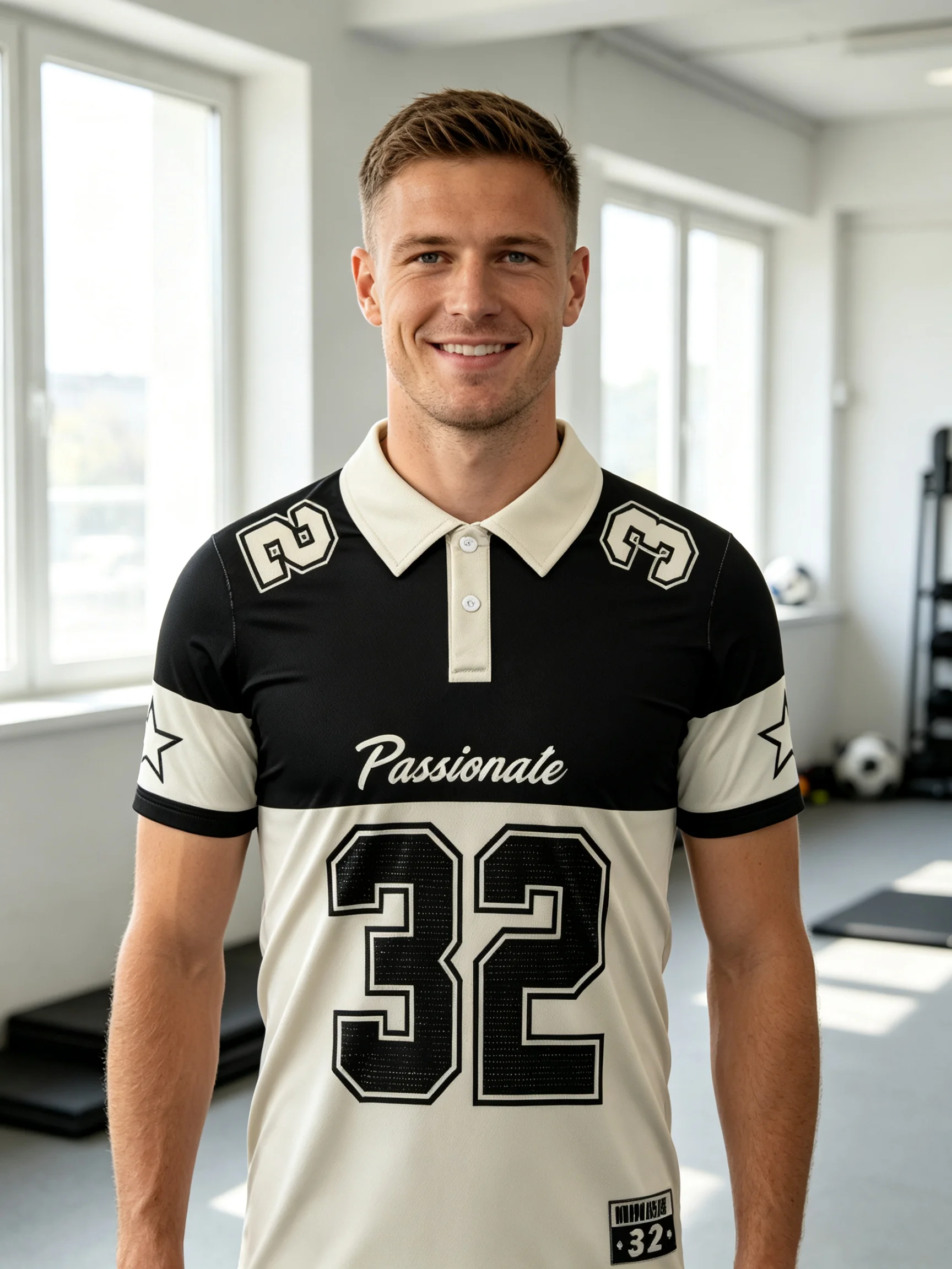 Classic black‑and‑beige split‑color polo football jersey, printed with No.32 and star decorations