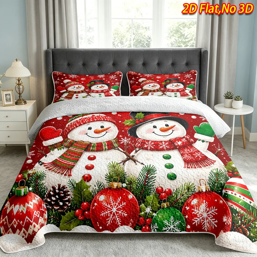 2/3pcs 2D Flat Christmas Bedspread Set, Red Background with Two Snowmen and Snowflakes, Christmas Bedding Decoration, 1 Bedsprea